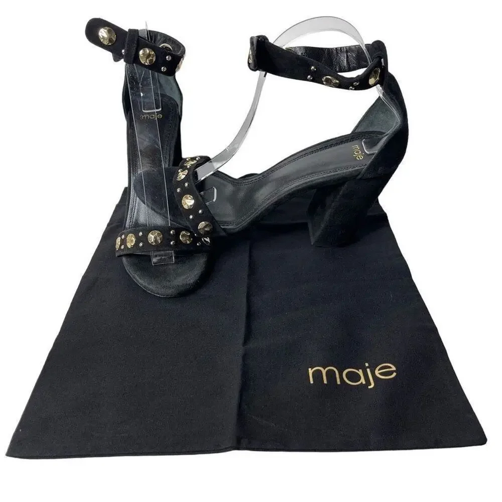 Maje Womens Studded Suede Black Gold Block Heels Sandals Size EU 39 US 8.5-‎ 9